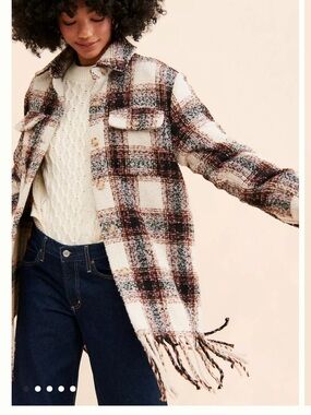 Avec Les Filles Anthropology Cream & Brown Plaid Fringe Shacket Size Medium Like